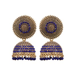 Crunchy Fashion Bollywood Traditional Indian Wedding Oxidised Gold-Plated Handcrafted Blue Stone Jhumka Earrings for women
