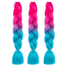 Braiding Hair Ombre Pink to Lake Blue Kanekalon Braid Hair Extensions Hot Water Setting High Temperature Synthetic Fiber 24 Inches(B41-3Pack)