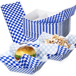 Geosar 100 Pcs Gingham Party Supplies Disposable Paper Food Trays Bulk Disposable Food Boat with Checkered Wax Paper Sheet Checkered Wrapping Supply for Carnival Picnic Birthday Party(Blue)