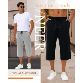 Neer 3 Pack Men's Baggy Capri Pants Plus Size Below Knee Casual 3/4 Shorts Big and Tall Summer Drawstring Pants with Pockets(Black, Light Mixed Gray, Wine Red,3X-Large)