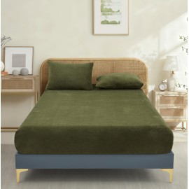 Super Soft Milk Velvet Sheets Set 3-Piece Bedding Set(Include 1 Fitted Sheet & 2 Pillowcases) Breathable Milk Fleece Sheet with 18'' Deep Pocket (Green, Queen (U.S. Standard))