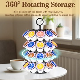 Rkyfoe Coffee Pod Holder, K Cup Holders,Coffee Pod Storage Carousel Holder Organizer Compatible with K Cups Pods ,Spins 360-Degrees Design ,40 Pods Capacity, Round, Black
