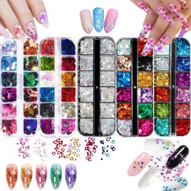 5 Boxes Iridescent Glitter Sequins, Mixed Shapes Colorful Holographic Nail Art Glitter Flakes Maple Leaves Hearts Stars Butterfly DIY Art Decoration Craft Makeup