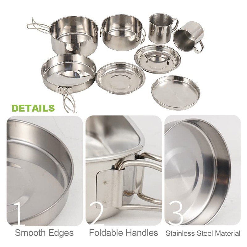 Lixada Camping Cookware Mess Kit 8PCS Stainless Steel Cooking Pot