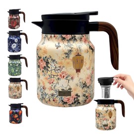 Vintage Floral Pattern Tea Thermos, Doresty Tea Thermos, Vintage Floral Pattern Tea Thermos Built-in Infuser Stainless Steel Thermal Carafe with Lid for Hot Drinks(Wooden handle,35oz)