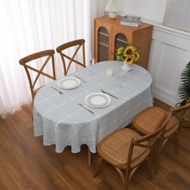 Gernaice Plaid 52x70 Inch Oval Tablecloth, Farmhouse Embroidered Fabric Checkered Table Cloth, Dust Proof Wrinkle Free Washable Table Cover for Party Kitchen Dining Picnic, Grey