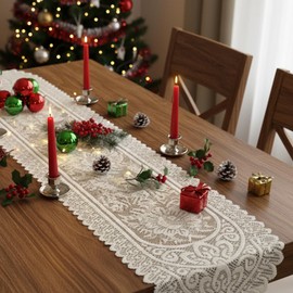 MBAIYO Lace Crochet Rectangular Table Runner, 2pcs Boho Doilies 45*13.38 Table Dresser Scarf Décor Vintage Tablemats for Wedding Party Home Dining Runner Decorations(Beige)