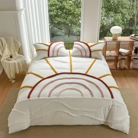 Home Factory Custom Polyester Fiber Three-piece Bed Set Featuring Soft and Breathable Fabric and Unique Sun Pattern Designsize: Queen(90"*90"), color: Pink