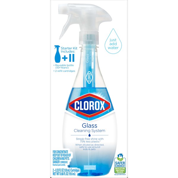 Clorox Sistema de limpieza de vidrio con una botella reutilizable más 2 cartuchos de repuesto, hace 50 onzas de limpiador (el paquete puede variar)