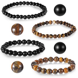 4 Pcs Bead Bracelets 6mm & 8mm Mens Beaded Bracelet Elastic Tiger Eye Bracelet for Men and Women, Heartwarming Gift