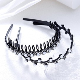 Sinalty Pearl Flower Headbands Black Thin Headband Non Slip Rhinestones Hair Accessories for Women(2 Pcs)