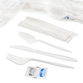 AmerCare Six Piece Meal Kit with 12 x 13 Napkin, Salt and Pepper Packets, White Medium Weight Fork, Knife, and Teaspoon, Case of 250