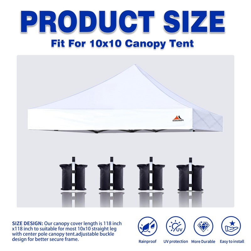 SCOCANOPY Commercial 10x10 Replacement Canopy Top,Canopy Cover ONLY,Bonus 4 Pack