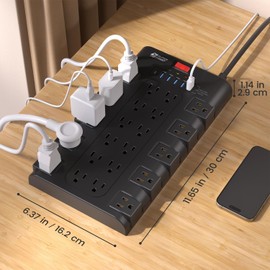 Surge Protector Power Strip, 22 Widely Outlets(1875W/15A) with 6 USBs (1 USB-C Port), 4 Pack Self-Adhesive Plastic Cord Holders, 2100 Joules, Heavy Duty Flat Plug Extension Cord (Black, 13ft)