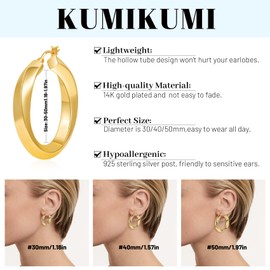 KUMIKUMI Chunky Gold Hoops for Women, Hypoallergenic Thick 14k Gold Hoop Earrings for Women Lightweight Hollow Twisted Large Hoop Earring Gifts (30/40/50MM)