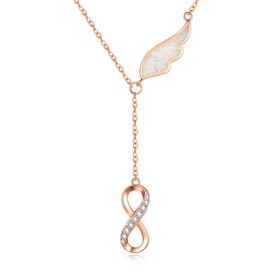 KINGWHYTE 925 Sterling Silver Infinity Necklaces for Women, Opal Guardian Angel Wing Tassel Pendant Necklace Rose Gold Plated Jewellery Gifts For Women Girls Mum Daughter
