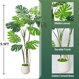 Large Artificial Monstera Deliciosa Fake Plant with White Planter, 5Ft Faux Floor Plants Fake Tropical Tree with Pot for Indoor Outdoor Office House Living Room Home Decor