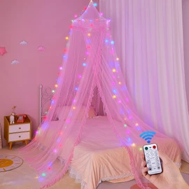 Unicorn Castle Bed Canopy for Girls with Remote Timer Breathable Canopy Bed Curtains with 8 Modes LED Lights Net Canopy for Bed for Girls Room Decor,Pink