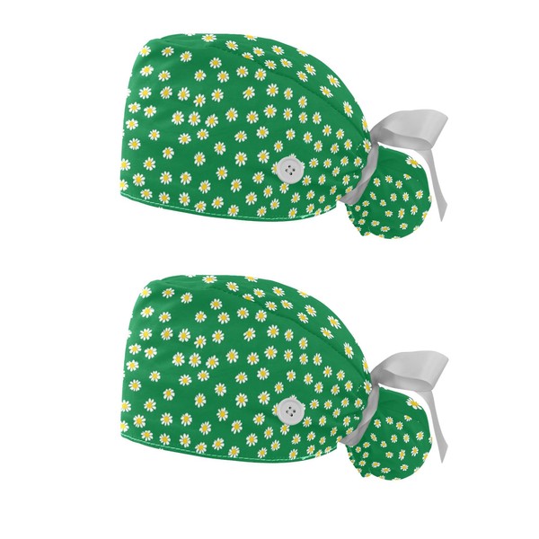 2-Pack Scrub Caps Women Nursing Hats Plant with Buttons Ponytail
