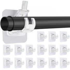 Jersvimc 16Pcs No Drill Curtain Rod Brackets, Nail Free Curtain Rod Hangers Self Adhesive Curtain Rod Holders - Transparent Curtain Rod Hooks Adjustable Curtain Hangers for Bathroom Home Kitchen