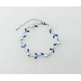 Faship Blue CZ Crystal Genuine Freshwater Pearls Floral Bracelet 7.5" - 9.5" - Blue/Matching Bracelet