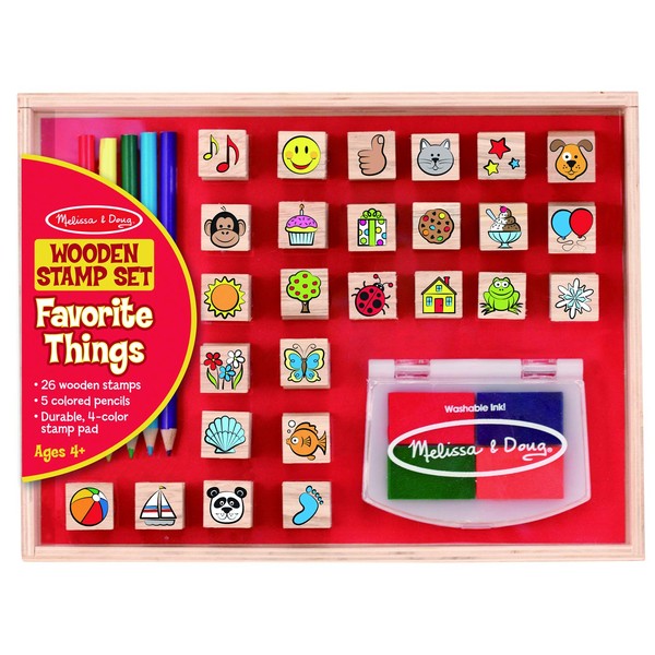 Melissa & Doug Wooden Stamp Set, Favorite Things - 26 Stamps, 4-Color Stamp Pad With Washable Ink For Art Projects For Kids Ages 4+