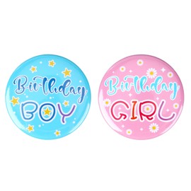 2pcs Birthday Pins for Boys & Girls, 2.28 Inch Tinplate Badge Pin Party Corsage Brooch Birthday Party Badges for Clothing Decoration and Gifts (Blue, Pink)