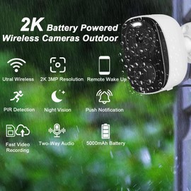 2K Security Camera Wireless Outdoor, Battery Powered 2.4G WiFi Camera for Home Security, Waterproof Surveillance Bullet Cam with PIR Motion Detection, Color Night Vision, 2-Way Talk, Cloud/SD Storage