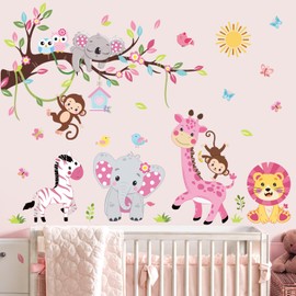 wondever Pink Animal Tree Branch Wall Decals Forest Elephant Lion Giraffe Wall Art Stickers for Kids Room Nursery Toddle Bbay Girl Bedroom Decor