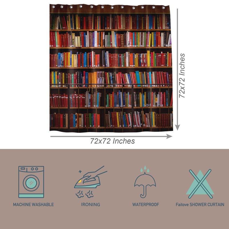 FAITOVE Library Bookcase Shower Curtain Sets Fabric, Polyester Waterproof Bathroom