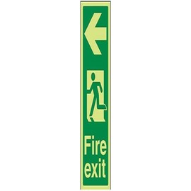 V Safety Glow In The Dark Fire Exit Arrow Left Sign - 100mm x 300mm - Rigid Plastic