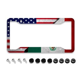 Vintage American Mexican Flag License Plate Frame - 1 Pcs Funny Aluminum Car License Plate Cover USA Mexico Flag Patriotic License Plate Holder Universal US-Canada 4 Hole Auto Car Tag for Women/Men