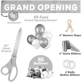 Deluxe Silver Grand Opening Ribbon Cutting Ceremony Kit - 25" Giant Scissors with Silver Satin Ribbon, Banner, Bows, Balloons & More