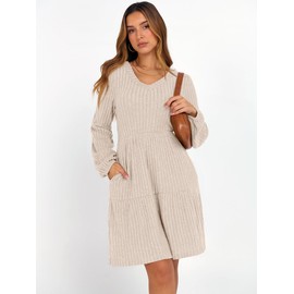 ANRABESS Women's Long Lantern Sleeve Ribbed Knit Dresses V Neck Casual 2025 Fall Winter Flowy Swing Tunic Sweater Short Dress Light Khaki Small