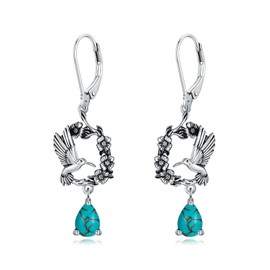 Retro Hummingbird Earrings 925 Sterling Silver Genuine Turquoise Hummingbird with Flower Dangle Earrings for Anniversaary Women Gifts