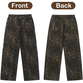 Dicusph Leopard Print Jeans Cheetah Print Pants Y2k Baggy Jeans Wide-Leg Washed Y2k Pants High Waisted Cargo Pants (Brown,XXL,XX-Large)