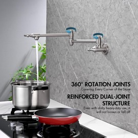 YSNOL Pot Filler Faucet, Wall Mount Pot Faucets for Kitchen Sink with Double Reinforced Joint Swing Arms, Solid Brass Heavy Duty Folding Stove Faucet with 2 Handles(Brushed Nickel)