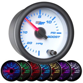 GlowShift White 7 Color 15 PSI Turbo Boost/Vacuum Gauge Kit - Includes Mechanical Hose & T-Fitting - White Dial - Clear Lens - for Cars - 2-1/16" 52mm