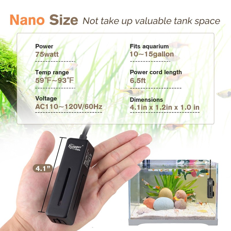 hygger Mini Fish Tank Submersible Heater 75W for 10-15 Gallons
