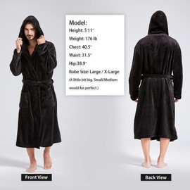FashGudim Mens Hooded Robe Plush Shawl Collar Kimono Bathrobe Soft Warm Flannel Fleece Spa Robes House Coat Pajamas Calf Length with Pockets (Black,XXL)
