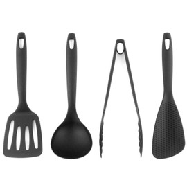 Nagao Tsubamesanjo Mini Kitchen Tool Set of 4 Turner, Ladle, Tongs, Spatula, Black, Made in Japan