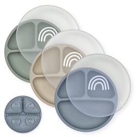 Hippypotamus Toddler Plates with Suction - 100% Food-Grade Silicone Baby Plates with Lids - Microwave & Dishwasher Safe - BPA Free - Set of 3 (Fog/Nude/Sage with LIDS)