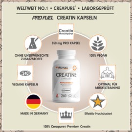 Creatine Capsules 2 x 240 with 850 mg Creapure® Creatine Monohydrate – High Quality Creatine Made in Germany – 100% Vegan – Extra High Dose for Fitness & Strength Sports ProFuel