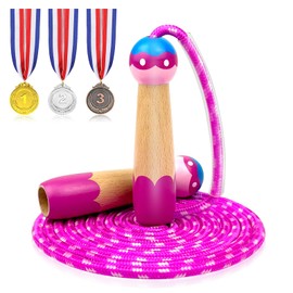 HOSHINO Skipping Rope Kids, 280cm/9.2ft Adjustable Children Jump Rope with Wooden Handle, Medal for Motivation, Ideal as a Gift, Cotton, Wood (Pink)