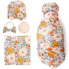 BQUBO Baby Girl Newborn Receiving Blanket with Bow Hat Headband Wooden Birth Announcement Card Set Baby Floral Print Nursery Swaddle Wrap