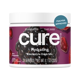 Cure Hydration | Plant-Based Electrolyte Drink Mix | No Added Sugar | FSA-HSA | Dehydration Relief Powder Made with Coconut Water | Non-GMO | Vegan | 28 Servings Jar - Berry Pomegranate