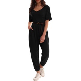 Nirovien Jumpsuits for Women Casual Short Sleeve Jumpsuit V Neck Summer Outfits Loose Onesie(Solid-Black,XL)