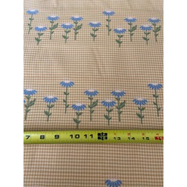 Unbranded Yellow Gingham with Blue and Green Embroidered Flowers Fabric BY THE YARD