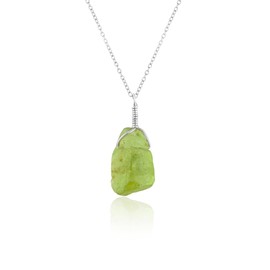 Gemkora Raw Peridot Natural Gemstone and Crystals Pendant Necklace, August Birthstone, Healing Crystals, Green Stone, Gift Giving Jewelry, Sterling Silver Jewelry 18 inch