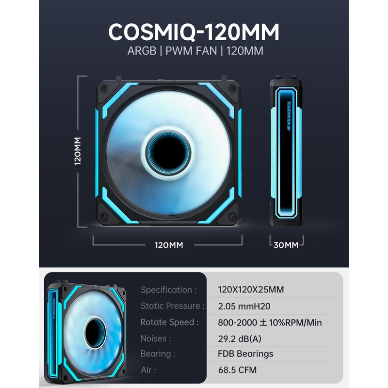 AsiaHorse COSMIQ Ventiladores de PC RGB de 120 mm FDB